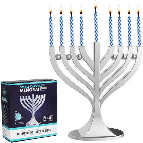 Zion Judaica Mini Classic Menorah with Mini Birthday Size Hanukkah Candles, Satin Silver Travel Minorah with 44 Candles