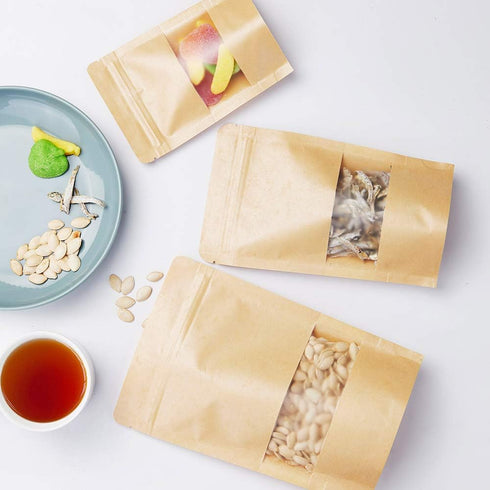 LZLPACKING 100 Pcs Kraft Stand Up Pouches Bags, Brown Resealable Bags with Window for Coffee, Food Storage, Business,