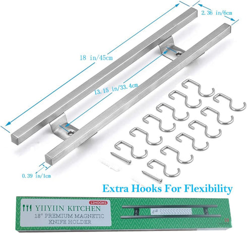 YIIYIIN 18 Inch Magnetic Knife Holder for Wall Mount - 304 Stainless Steel Magnetic Knife Bar Rack for Kitchen