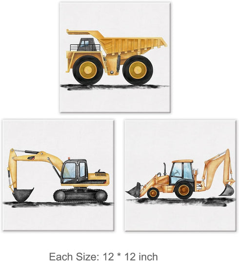 brayqu Set 3 12x12 Inch of Construction Nursery Canvas Wall Art Vehicle Framed Paintings Prints Watercolor Dump Truck