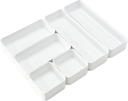 RAUVOLFIA 6 Pack Plastic Drawer Organizer Set, White Bathroom Vanity Trays for Makeup, Jewelry, Office, and Kitchen