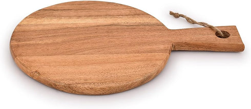 Round Acacia Wood Cutting Board with Handle, Chopping and Serving Board for Charcuterie, Cheese, Pizza (13" X 9")