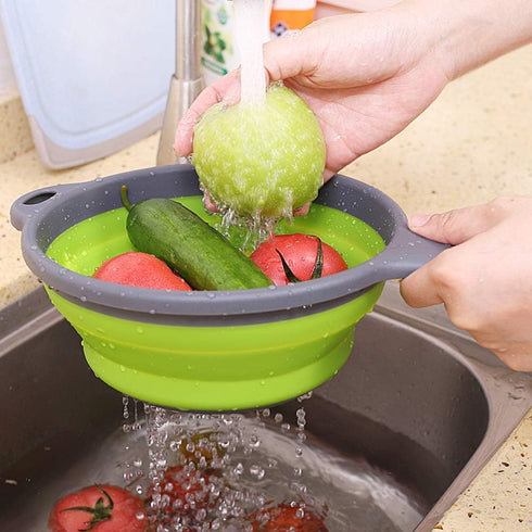 2 Pack Kitchen Foldable Silicone Strainer Colanders - Collapsible with Handles, Space-Saver for Draining Pasta,