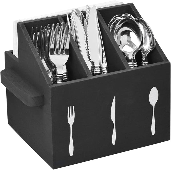 Ikee Design Wooden Utensil Caddy with Handles, Silverware Holder for Countertop, Camping, and Kitchen, Black