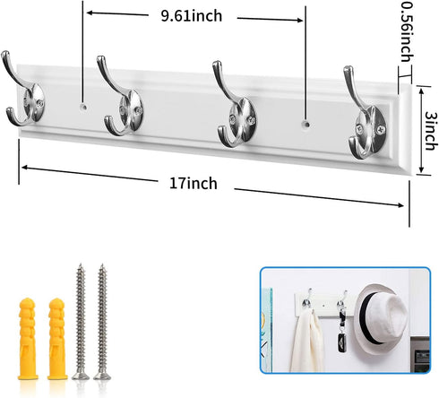 Coat Rack Wall Mounted White, 17" Wooden Modern Coat Hanger with 4 Hooks, Heavy Duty Zinc Alloy Wall Hook Rack