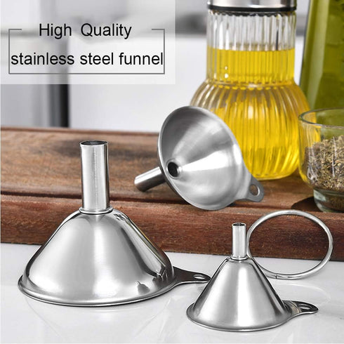 Stainless Steel Funnel Set - 3 Large Small Food Grade Mini Metal Kitchen Funnels for Transferring Oils, Liquids,