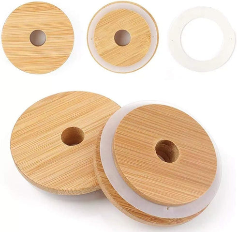 TOUSHI 4 Pcs Regular Mouth Bamboo Mason Jar Lids, Reusable Bamboo Caps with Straw Hole for Glass Canning Jars