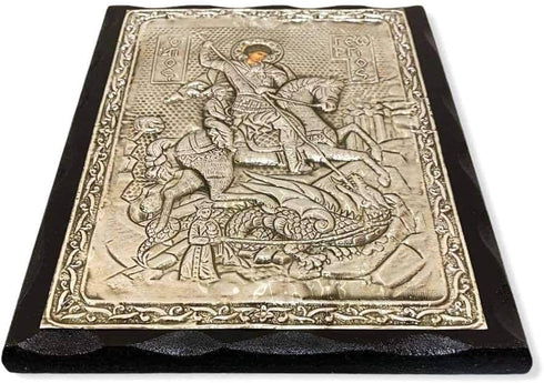 Handmade Greek Christian Orthodox Wood-Metallic Icon of Saint George - 24 X 19cm Solid Wood