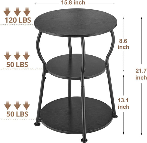 3-Tier Round Side Table for Small Spaces, Wood Bedside Round End Tables for Living Room, Nursery, Corner, Office