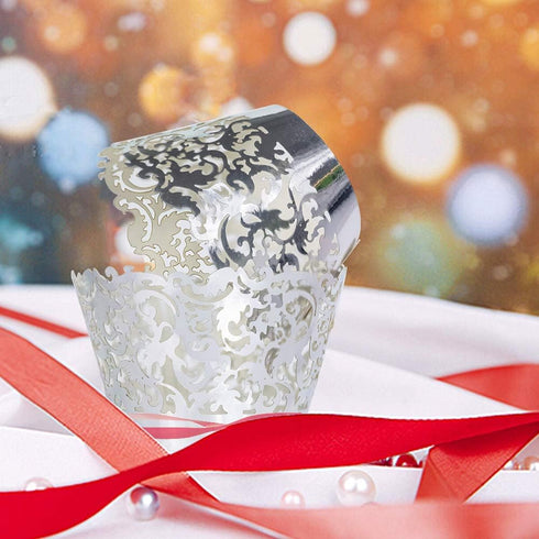 YOZATIA 60 Silver Vine Lace Cupcake Wrappers, Laser Cut Liners for Weddings and Special Events