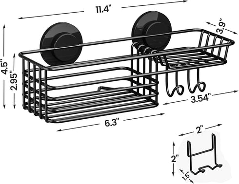 LEVERLOC Shower Caddy Suction Cup with Hooks and Soap Holder, No-Drilling Bathroom Organizer, Black