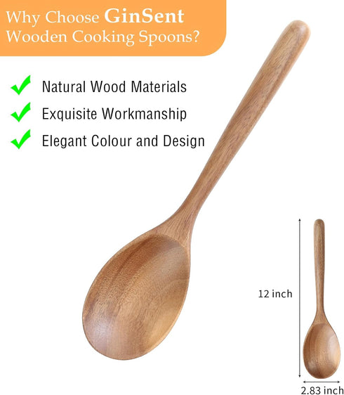 Kitchen Wooden Cooking Spoon, Solid Acacia Wood Serving Spoons for Mixing Stirring, Nonstick Kitchen Utensils Tableware Ladle Scoop for Soup Stews Salad Pasta Sauce Chili (2 Pieces)