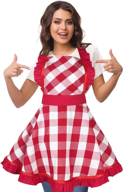 Violet Mist Red Plaid Vintage Apron for Women - Cute Ruffle Frilly Kitchen Apron, Retro 50s Style for Cooking