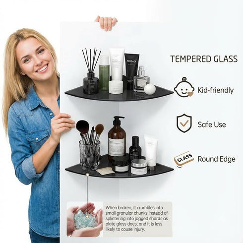 LUOYKOIFY 2-Pack 304 Glass Corner Shelf, Heavy Duty Tempered Glass Bathroom Shelf with SUS Stainless Steel Brackets