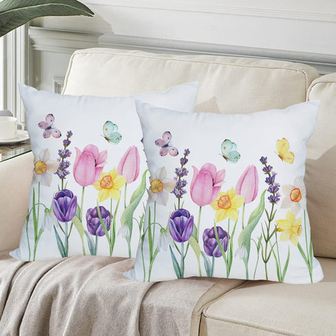 2 Pack Waterproof Spring Floral Pillow Covers, 16x16 Inch Pink Tulip Flower & Lavender Butterfly Outdoor Cushion Case