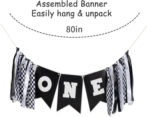 Q&High Life Race Car First Birthday Highchair Banner, Pre - strung Black & White Checkered ONE Garland for Boys Fast