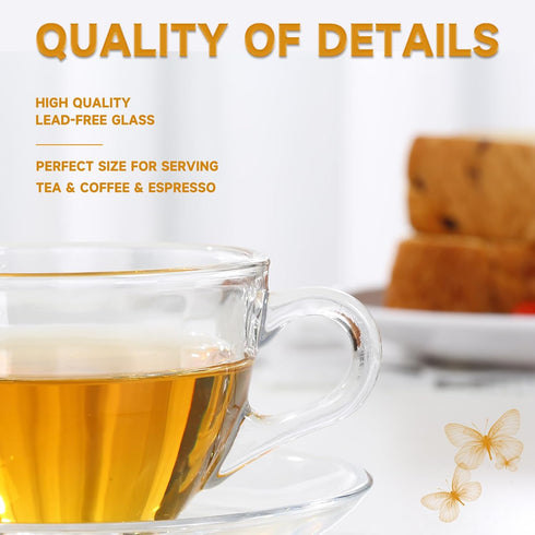 Set, 6 Pack 7OZ/210ML, Glass Teacup and Saucer Coffee Mug with Stainless Steel Spoon Suitable for Espresso Juice