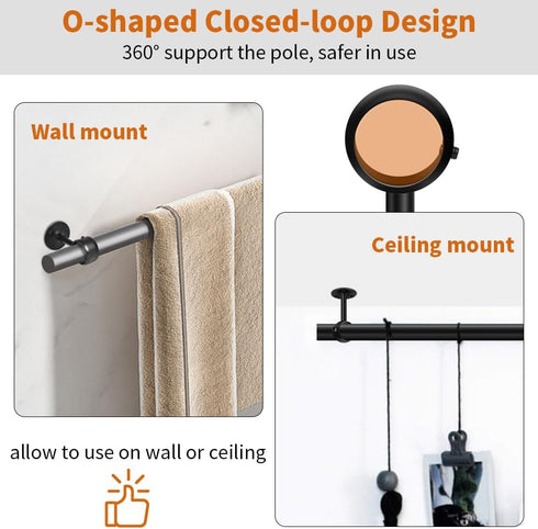 Ceiling Curtain Rod Brackets, Heavy Duty 1-1/4 Inch Black Holders for Wall Closet Rods, 4 Pack