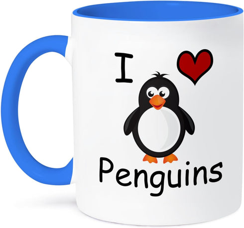 3dRose I Love Penguins Two Tone Mug, 11 oz, Blue/White