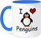 3dRose I Love Penguins Two Tone Mug, 11 oz, Blue/White