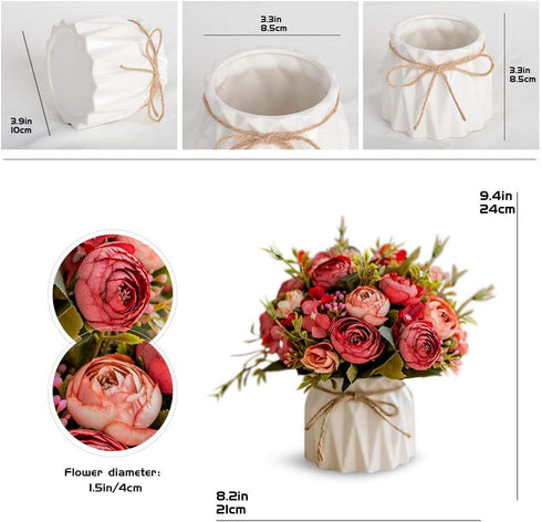 Silk Rose Bouquets Artificial Flowers Fake Flowers with Ceramics Vase for Home Office Wedding Table Decoration (Red Bud)