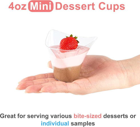 4 oz 50 Pack Qeirudu Triangular Mini Dessert Cups with Spoons, Plastic Appetizer Cups Reusable Shooter Cups for Pudding
