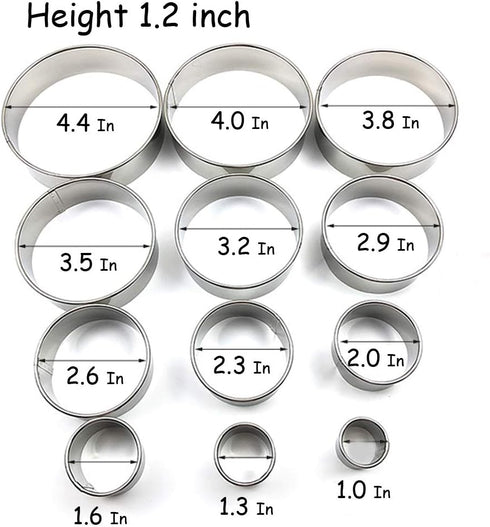 Stainless Steel Round Cookie Cutter Set, 12 Circular Biscuit Cutters, Round Donut Ring Molds for Baking 1.2 Inch Height