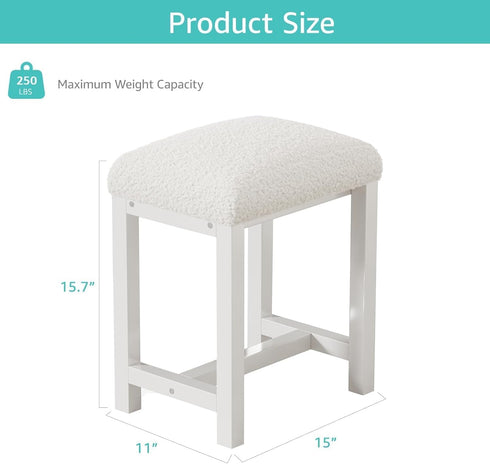 Small Vanity Stool, Cute Vanity Stools with Faux Teddy Fur Cushion, White Makeup Vanity Chair for Small Spaces, Living