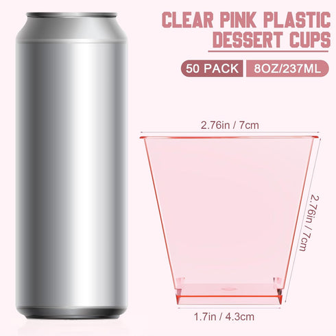 50 8 oz Mifoci Pcs Pink Plastic Dessert Appetizer Cups Clear Mini Cake Salad Cups for Party Yogurt Parfait Containers