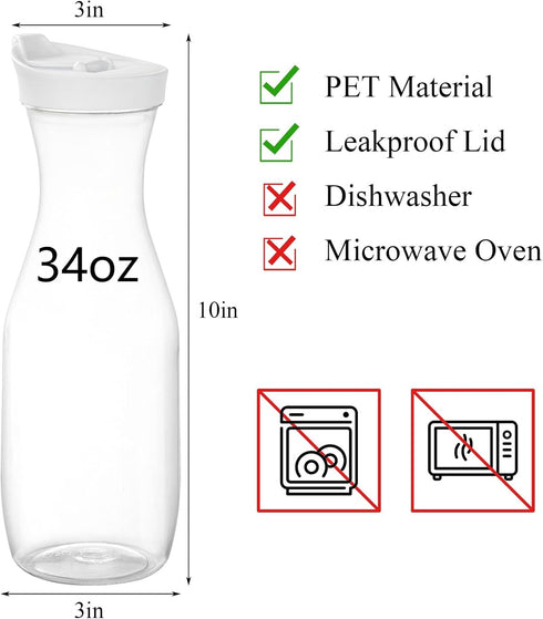 8 Pack 34 Oz 1 Lawei Plastic Water Carafe, Liter Clear Beverage Carafe with Flip Top Lid, Narrow Neck Drink Container