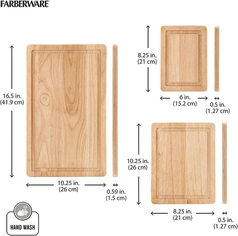Farberware Rubberwood Cutting Board Set, 3-Piece with Juice Grooved and Finger Grips