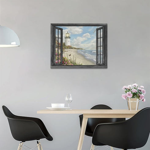 Lighthouse Nautical Wall Art - Coastal Beach Canvas Prints for Home Decor 16"x12"