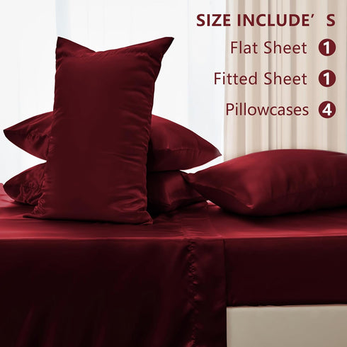 CozyLux Satin Sheets Queen Size - 6 Piece Burgundy Bed Sheet Set with Silky Microfiber and Deep Pocket Fitted Sheet