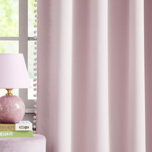 63inch 100% 2pcs 52"w Pom-pom Pink Blackout Curtains for Bedroom Length Energy Efficient Full Blackout Window Panels