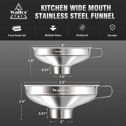 Walfos 2 Pack Stainless Steel Wide-Mouth Funnel with Handle for Wide and Regular Mason Jars, Kitchen Use