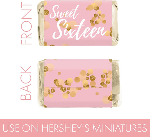 Pink and Gold Sweet 16 Birthday Party Mini Chocolate Candy Bar Wrappers - 42 Count, Sweet Sixteen Party Favor