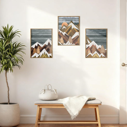12" Lx16 Set 3 Framed Mountain Wall Art Boho Mountain Wall Decor Modern Nature Artwork W of for Living Room Bedroom