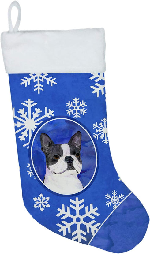 Caroline's Treasures SS4654-CS Boston Terrier Winter Snowflakes Holiday Christmas Stocking, Fireplace Hanging Decor