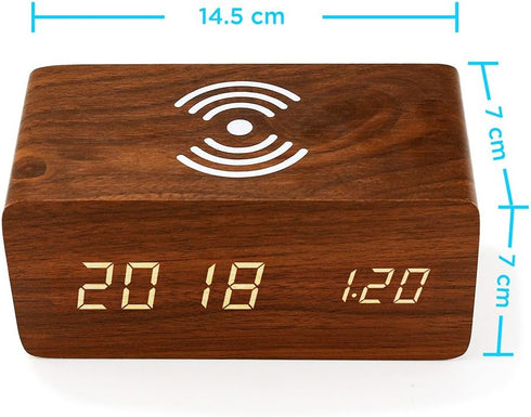 OCT17 Alarm Clock with Qi Wireless Charging Pad Compatible with iPhone Samsung, Brown Wood LED Digital Clock with Sound