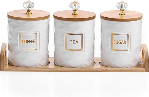 JUXYES Set of 3 Ceramic Canisters Set for Sugar Coffee Tea With Handle