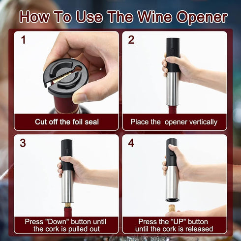 DTB Electric Wine Bottle Opener, Rechargeable Automatic Wine Opener with Foil Cutter, Stainless Steel (Battery Type)