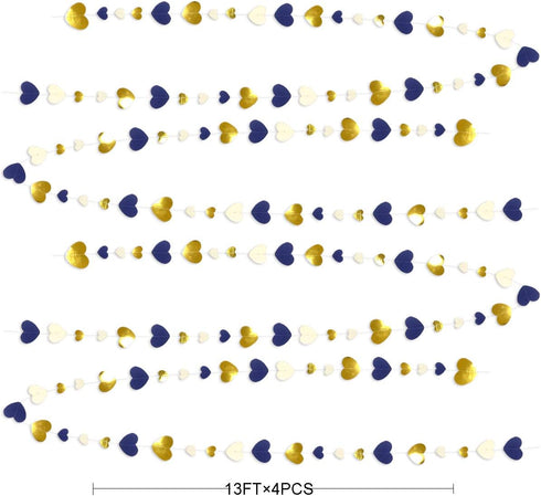 52Ft Valentines Day Party Decorations - Navy Blue Gold Love Heart Garland, Royal Blue Gold Hanging Streamer Banner for