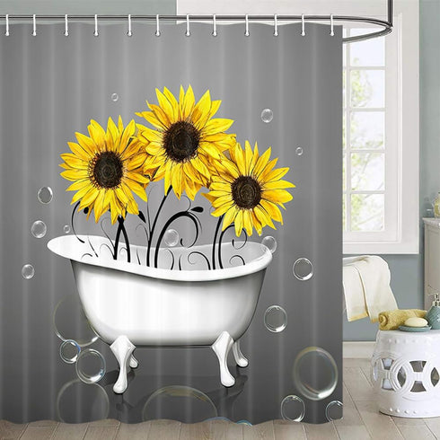 Rustic Farmhouse Shower Curtain - Yellow and Gray Fabric Floral Sunflower Shower Curtain with Hooks, 72X72 inch
