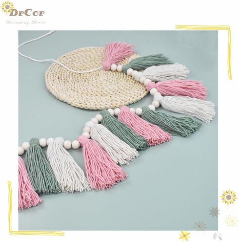 DrCor Pastel Tassel Garland Pink & Sage Green Boho Spring Garland for Nursery, Classroom Decor, Baby Shower, Kids Room