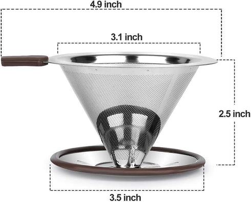 Pour Over Coffee Dripper, Reusable Paperless Filter, Professional Stainless Steel Drip Cone for 1-2 Cups