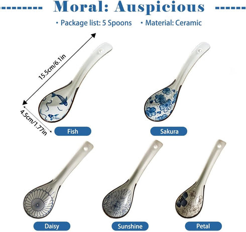 5pcs Ceramic Asian Soup Spoons, Deep Oval Hook Non-slip Japanese Spoons for Rice, Ramen, Pho, and Miso Soup