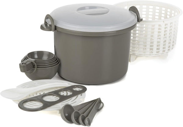 Prep Solutions 17 Piece Set Microwaveable Rice and Pasta Cooker, 12 Cup Capacity with Locking Lid