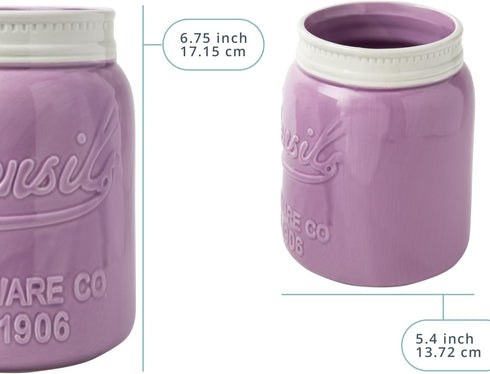 Comfify Wide Mouth Mason Jar Utensil Holder - Decorative Kitchenware Organizer, Chip Resistant Ceramic, Purple