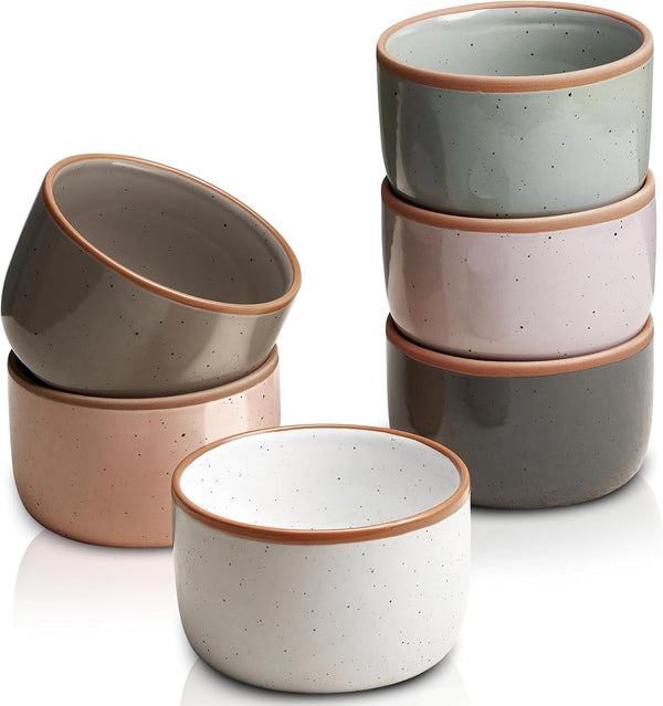 Morandi Color Ramekins Set of 6, 6 oz Oven Safe Porcelain Bowls for Baking Souffle, Mini Cheesecakes, and Dipping