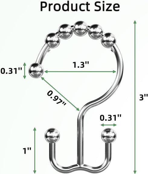Amazer Shower Curtain Rings - Rust-Resistant Metal Double Hooks for Bathroom Shower Curtain Rod, Chrome, Set of 12